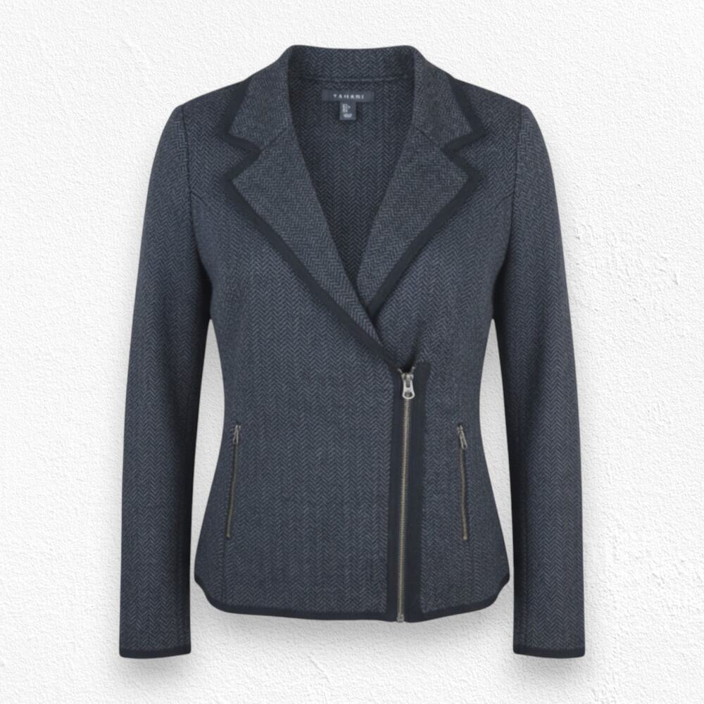 Tahari Gray Herringbone Asymmetrical Zip Wool Blend Moto Jacket Size Large